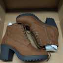 Soda Second Lug Sole Chunky Heel Combat Ankle Bootie Lace up w/Side Zipper (10, Chestnut Imitation Suede)