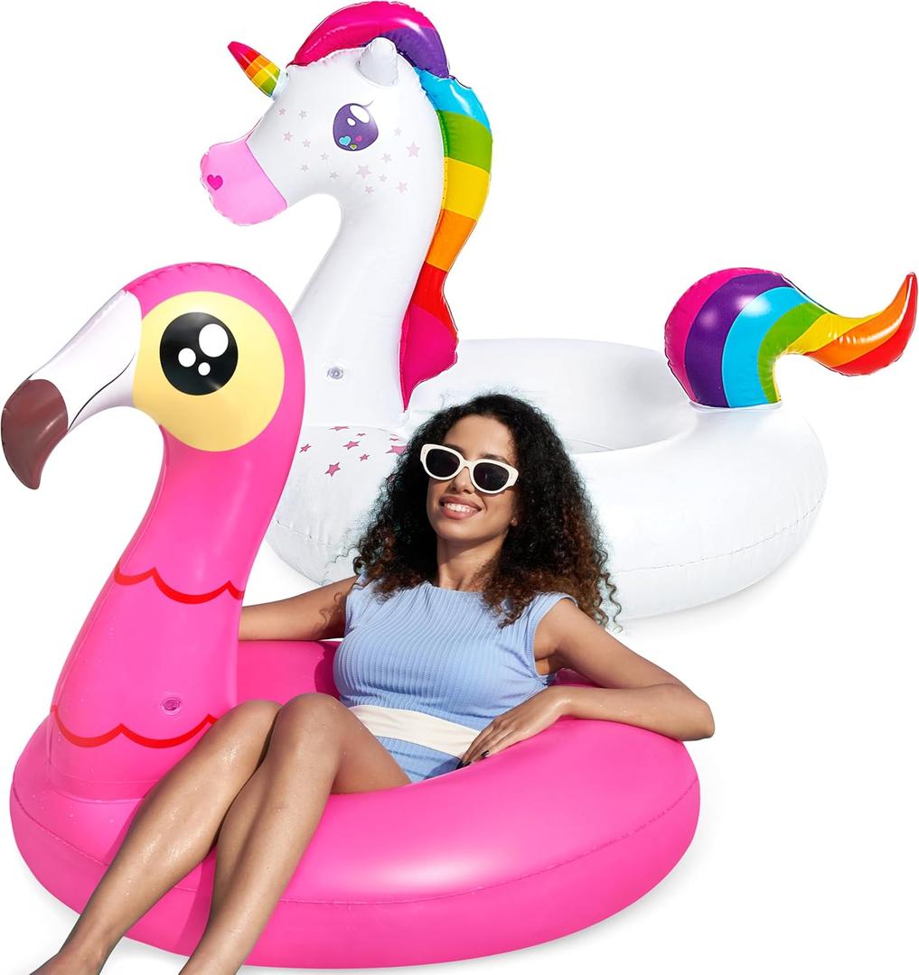 JOYIN 2-Pack Flamingo Unicorn Pool Float - Fun Floaties Inflatable Swimming Pool Tubes Toys Party Decorations, Summer Vacation Lake Beach Floaty Swim Rings Raft Lounger for Adults & Kids