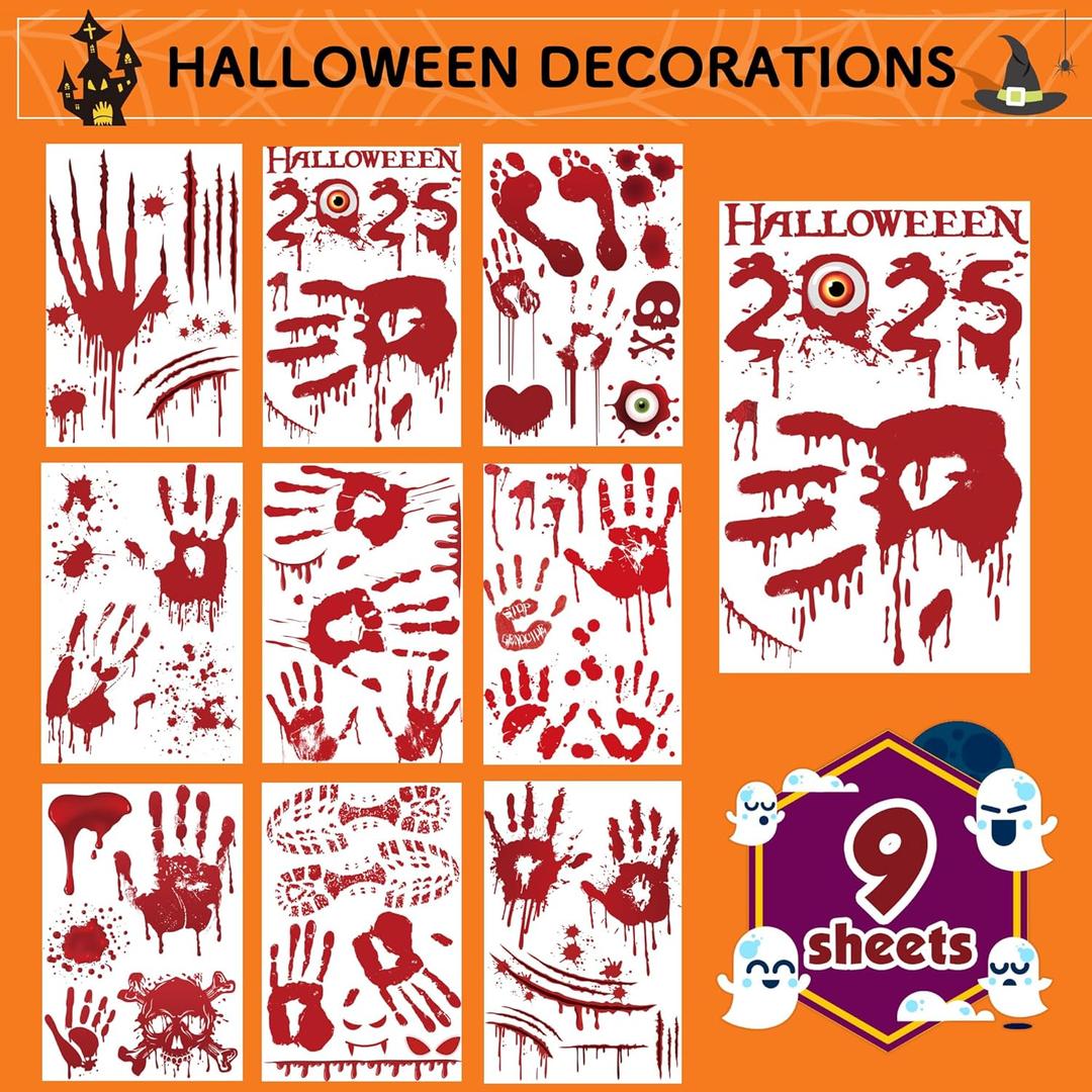 2 x Halloween Party Decorations - Bloody Handprint Footprint Window Clings for Halloween Bathroom Decor Indoor Outdoor | Trick or Treat Stickers Decals for Office Door Wall Party Favors Supplies (Red)