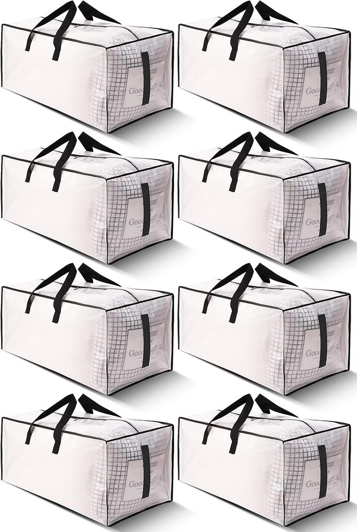 8 Pack Large Strong Moving Bags with Zippers & Carrying Handles - Water-Resistant - Heavy Duty Storage Tote for Space Saving, Fold Flat, Alternative to Moving Box (Semi-Transparent)
