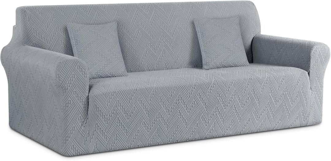 Ruaozz Stretch Sofa Cover 1 Piece Couch Covers for 3 Cushion Couch Non Slip Universal Sofa Slipcover Washable Soft Jacquard Furniture Protector with 2 pcs Throw Pillow Covers (3 Seater, Light Grey)