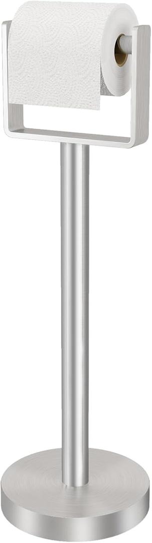 YUMORE Toilet Paper Holder Free Standing, Stainless Steel Toilet Paper Stand, Weighted Base Floor Tissue Roll Holder for Bathroom, Brushed Nickel 200UP