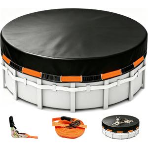 18 FT Round Pool Cover, Heavy Duty PE Waterproof Cover with Ratchet Straps, Wide Flat Webbing, Year-Round Protection