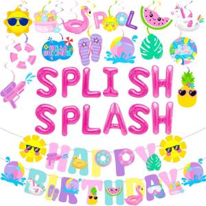 Splish Splash Birthday Decorations Foil Balloons Pool Birthday Party Banner Summer Pool Party Hanging Swirls for Girls Summer Beach Party Hawaiian Luau Tropical Party Decorations
