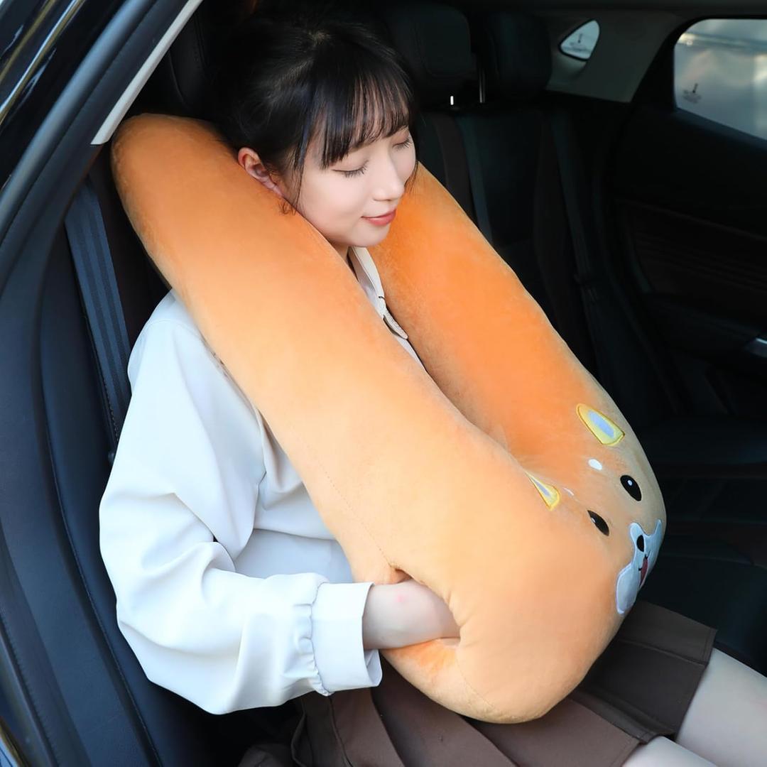 Kids Travel Pillow for Car Seat with Hand Muff, Cartoon Neck & Headrest Seat Belt Pillow for Car Road Trips Long-Distance Travel Sleeping Pillow for Adults and Children, Corgi