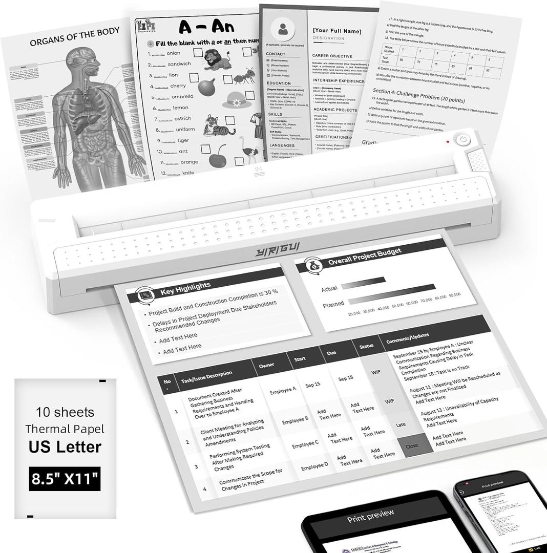 Portable Wireless Inkless Printer for Home Travel, M9 Small Bluetooth Thermal Printer Support 8.5" X 11" Letter & A4 Thermal Paper, Compatible with Phone, PC for School, Office, with 10 Paper