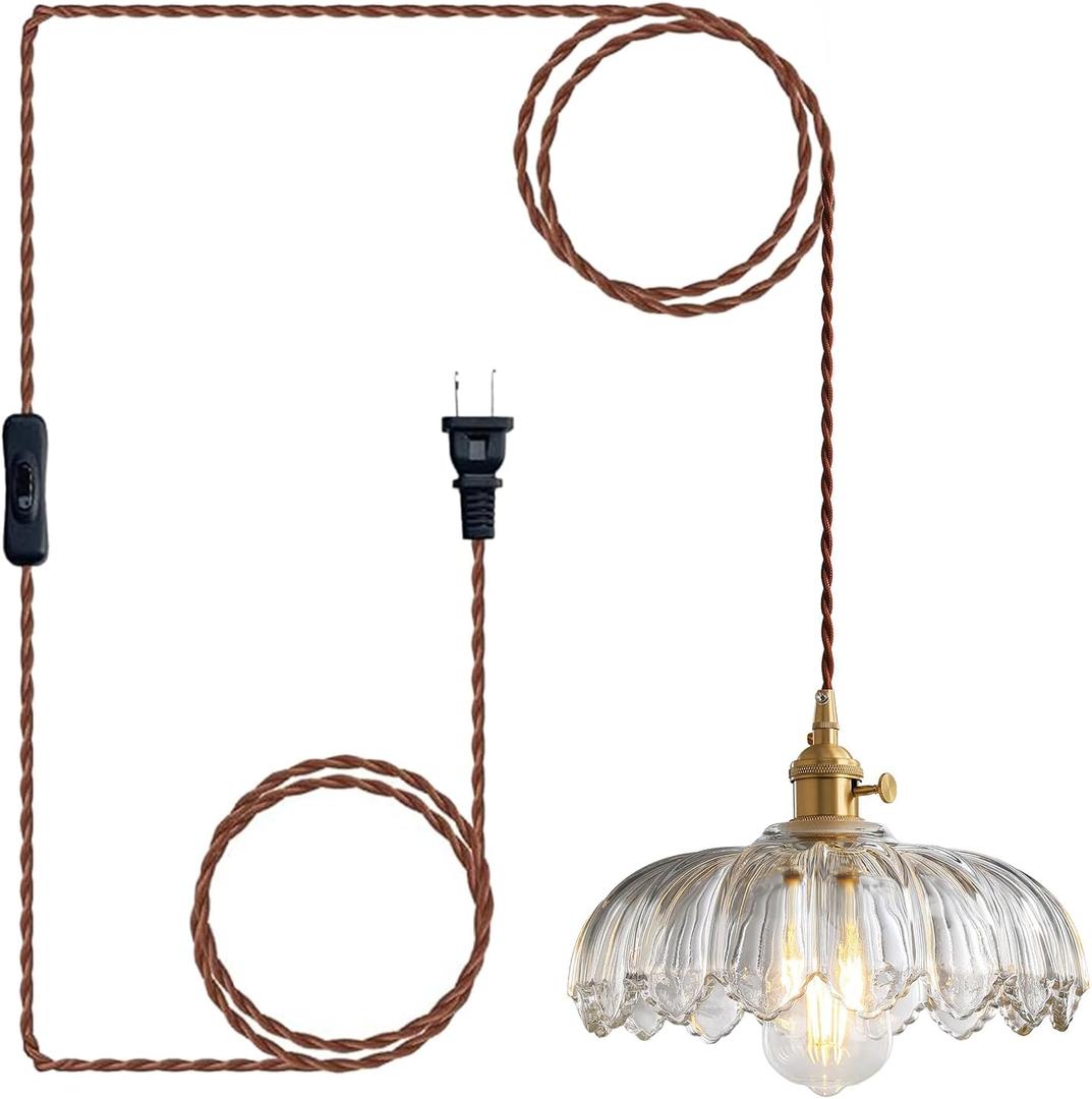Plug in Pendant Light Fixtures, Plug in Hanging Lamps Glass Hanging Lights, Pendant Lighting for Kitchen Island, Bedroom, Dining Room, Living Room, E26 No Bulb (Brown)