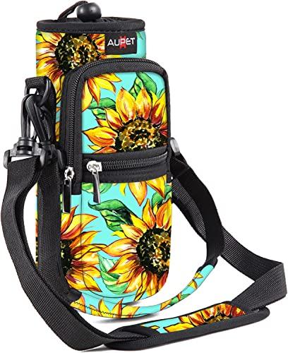 Water Bottle Sling Bag Sleeve Holder Carrier 25/32/40/64 oz ,Insulated Crossbody Water Bottle Case Cover with Strap and Pockets for Men/Women Walking Hiking Camping (25oz, Sunflower Green background)