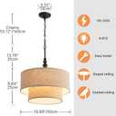 Shrine Lighting Double Drum Chandeliers, Farmhouse Style, Perfect Drum Pendant Light for Dining Room, D20'' x H10'', Adjustable Chains 55'', E12*4 Sockets, Beige Linen Fabric Lampshade & Black Rod