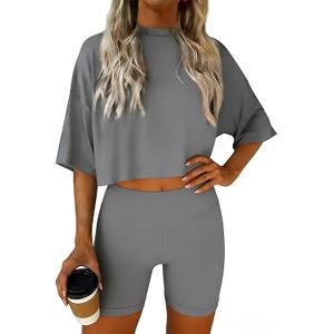 Jenisso Women 2 Piece Lounge Set 2026 Summer Short Sleeve Crop Tops Shirts Matching Shorts Travel Outfit Clothes (Gray, XL)