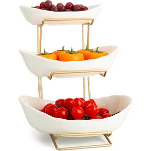 YYW 3 Tier Fruit Bowl for Kitchen Counter, White Gold Ceramic Fruit Stand for Countertop, Home Fruit Rack with Holder, Vegetable Bowl Snacks Nuts Bread Candy Storage (White)