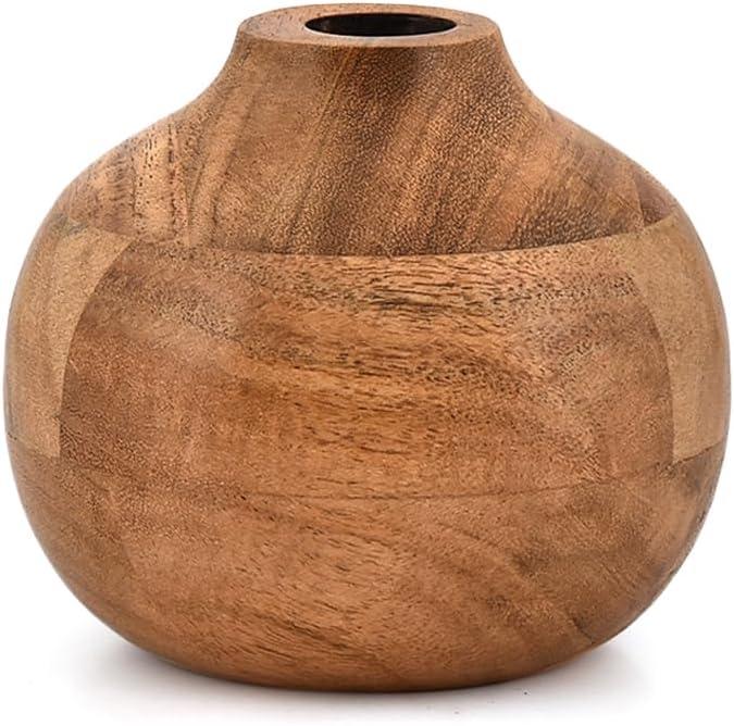 Vases Acacia Wood Small Round Hand-Carved | Handmade Vase | Handmade Home Office Table Vase (4" X 4" X 4")