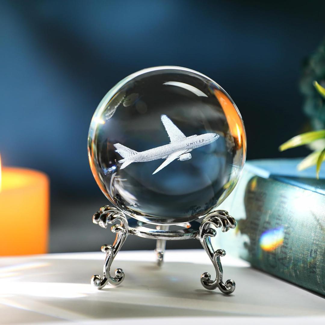 HDCRYSTALGIFTS 60mm 3D Lase Engraved Airplane Crystal Ball with Stand Glass Sphere Plane Paperweight Decor Pilot Gifts for Men Women