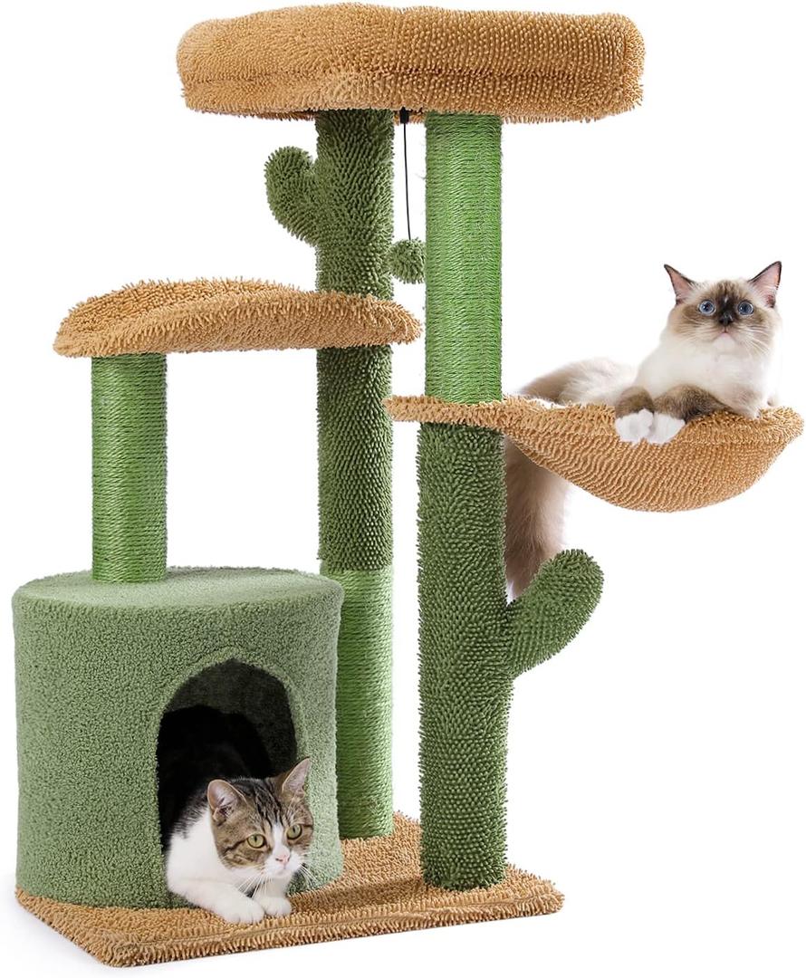 PAWZ Road 38" Multi-Level Cactus Cat Tree with Scratching Posts, Cozy Condo, and Hammock  Stylish Cat Tower for Indoor Cats (Small-38 inches)