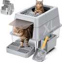 Stainless Steel Litter Box with Lid, XL Closed Metal Litter Box Modular Design with Flip Lid Fits All Cats, Extra Large Covered High Sided Cat Box, Scoop, Non-Sticky, Easy Cleaning, Grey