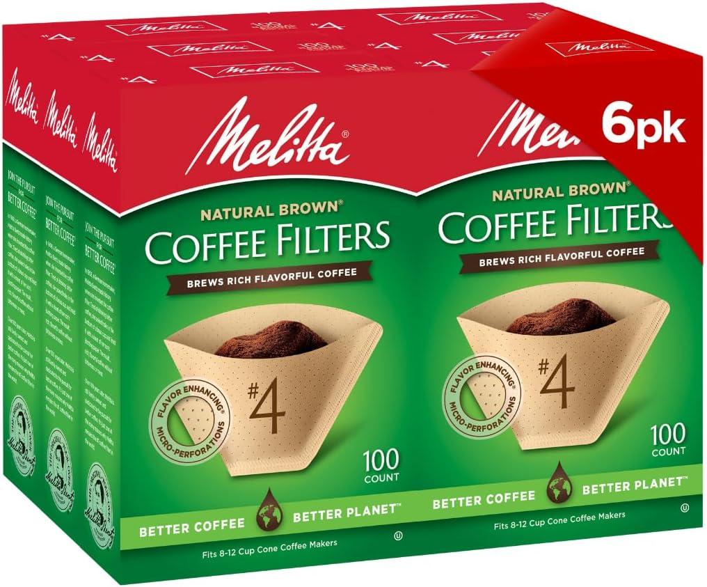 Melitta #4 Cone Coffee Filters, Natural Brown, 100 Count (Pack Of 6), 600 Total Filters - Fits all 8-12 Cup Cone Coffee Makers and Pour-Overs, Compostable, Tear-Resistant