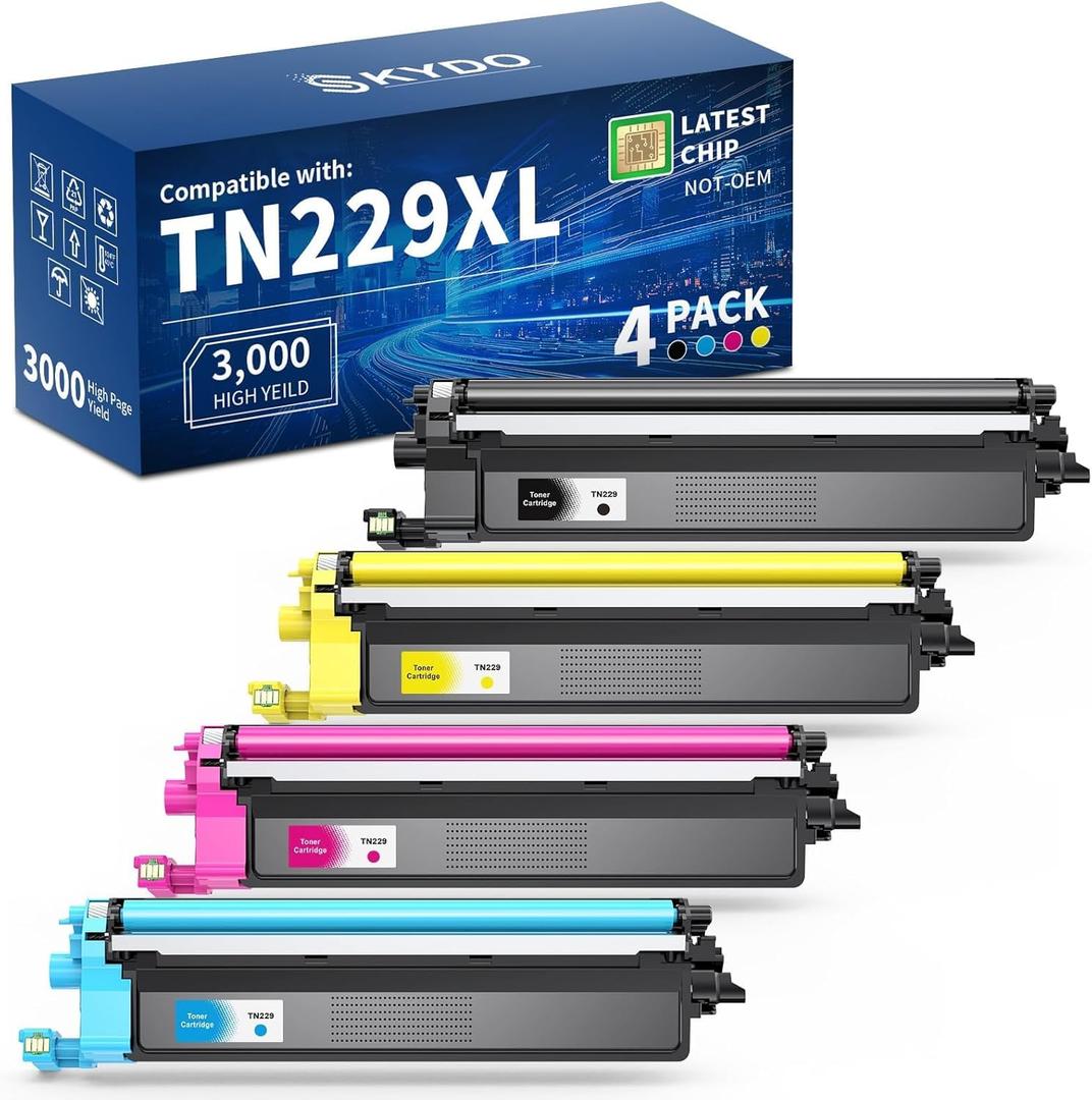 TN229XL Compatible Toner Cartridges Replacement for Brother TN229 TN229XL TN-229XL TN229 XL Work for MFC-L3780CDW MFC-L3720CDW HL-L3280CDW HL-L3220CDW HL-L3300CDW Printer (TN229XLBK/C/M/Y,4 Pack)