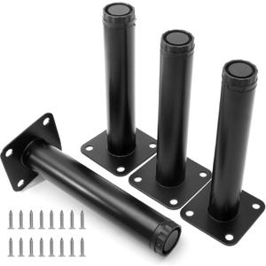 6 Inch Adjustable Furniture Legs Set of 4, Metal Cabinet Legs 1" Dia Cold Rolled Steel Round Furniture Support Feet for Kitchen Shelves Coffee Table Couch (Black) (5.9 Inch)