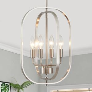 XINGQI 12.2" Modern Brushed Nickel Chandelier Farmhouse 4-Light for Dining Room Small Geometric Adjustable Rustic Pendant Lighting Fixture for Entryway Living Room Kitchen Foyer