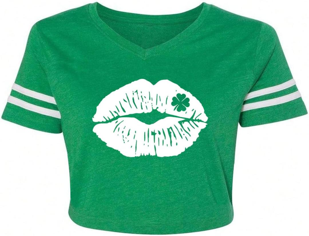 Women's St. Patrick's Day Crop Top St. Paddy's Day Shirt Irish Shirts Shamrock Graphic Short Sleeve Crop Tops for Teen Girls (Green, XL)