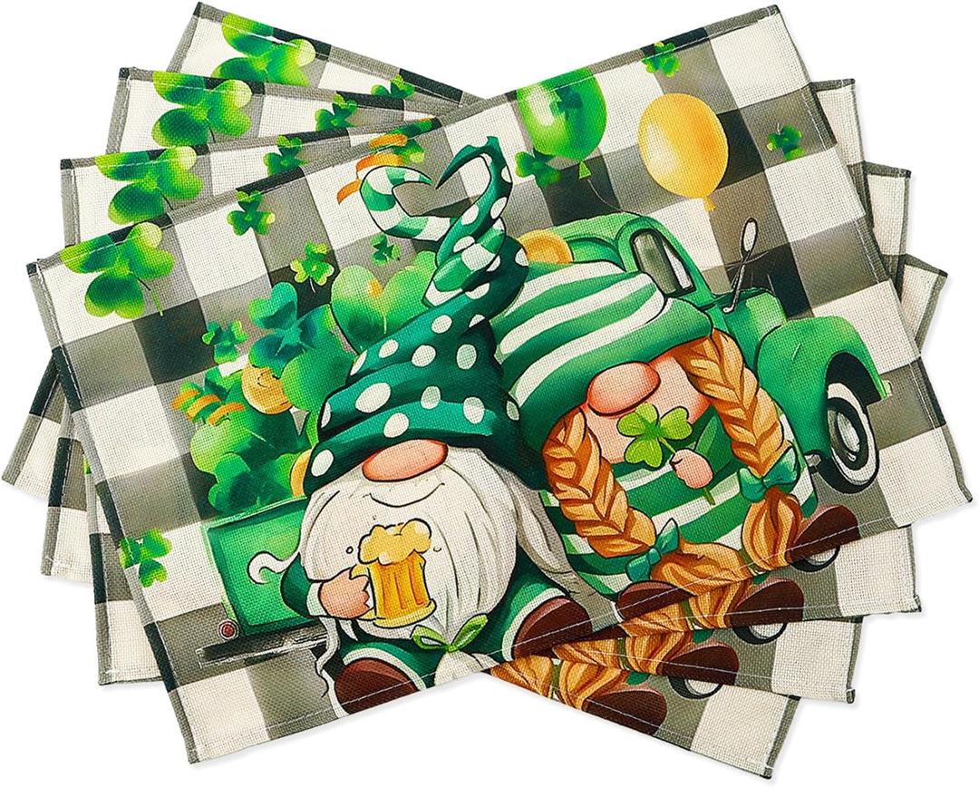 St Patricks Day Placemats,Placemats Set of 4,St Patricks Day Decor,12x18 Inch Shamrock Place Mats,Kitchen Place Mats Set of 4,Gingham Placemat for Party Kitchen Dining Decoration