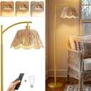 Oneach Boho Floor Lamp with 3 Color Temperatures, Farmhouse Floor Lamps for Living Room with Remote & Dimmable Bulb, Rattan Floor Lamp for Bedroom, Gold (62.1)