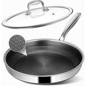 Vocvee Non Stick Frying Pans, 12inch with Lid, Hybrid Frying Pans Nonstick Stainless Steel Skillets, Dishwasher & OvenSafe, StayCool Handle, PFOA Free Cookware, Compatible with All Cooktops