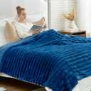 Cozy Bliss Faux Fur Throw Blanket for Couch, Cozy Warm Plush Striped Blanket for Sofa Bedroom Living Room, 108 * 90 Inches Navy Blue