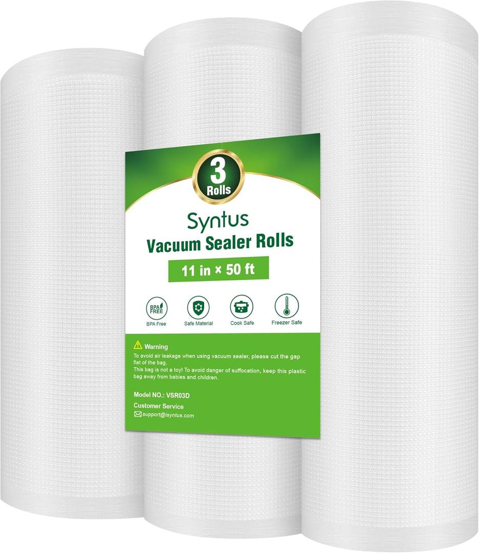 Syntus Vacuum Sealer Bags for Food, 3 Rolls 11" x 50' Commercial Grade Bag Rolls, BPA Free Food Vac Bags for Storage, Meal Prep or Sous Vide