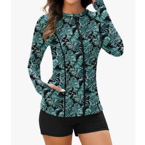 Soneven Women Long Sleeve Rash Guard Sets Two Piece Swimsuit with Shorts UPF 50+ Bathing Suit Full Zip Swim Shirt XL