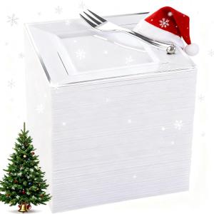 WDF Silver Plastic Dessert Plates with Plastic Forks - 6 100 Square Disposable Appetizer Plates Small Plates Cake Plates with Silver Rim &100 Small Appetizer Forks for Christmas Party/Wedding (White and Silver)