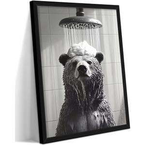 Funny Bear Bathroom Wall Art, Bear Taking Bath Canvas Print, Framed Black and White Animal Decor for Bathroom Restroom Farmhouse Home 16x24 Wood Framed
