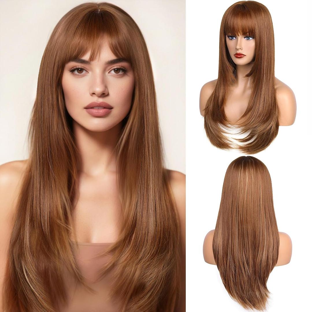 Wig with Bangs for Women Long Layered Wig Heat Resistant Synthetic Wig Natural Looking Wigs for Daily Party Use(427Honey Blonde, 26 Inch)