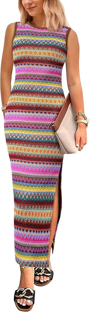 PRETTYGARDEN Womens Maxi Tank Spring Dress Sleeveless Crew Neck Striped Side Slit Casual Long Bodycon Dresses (M)