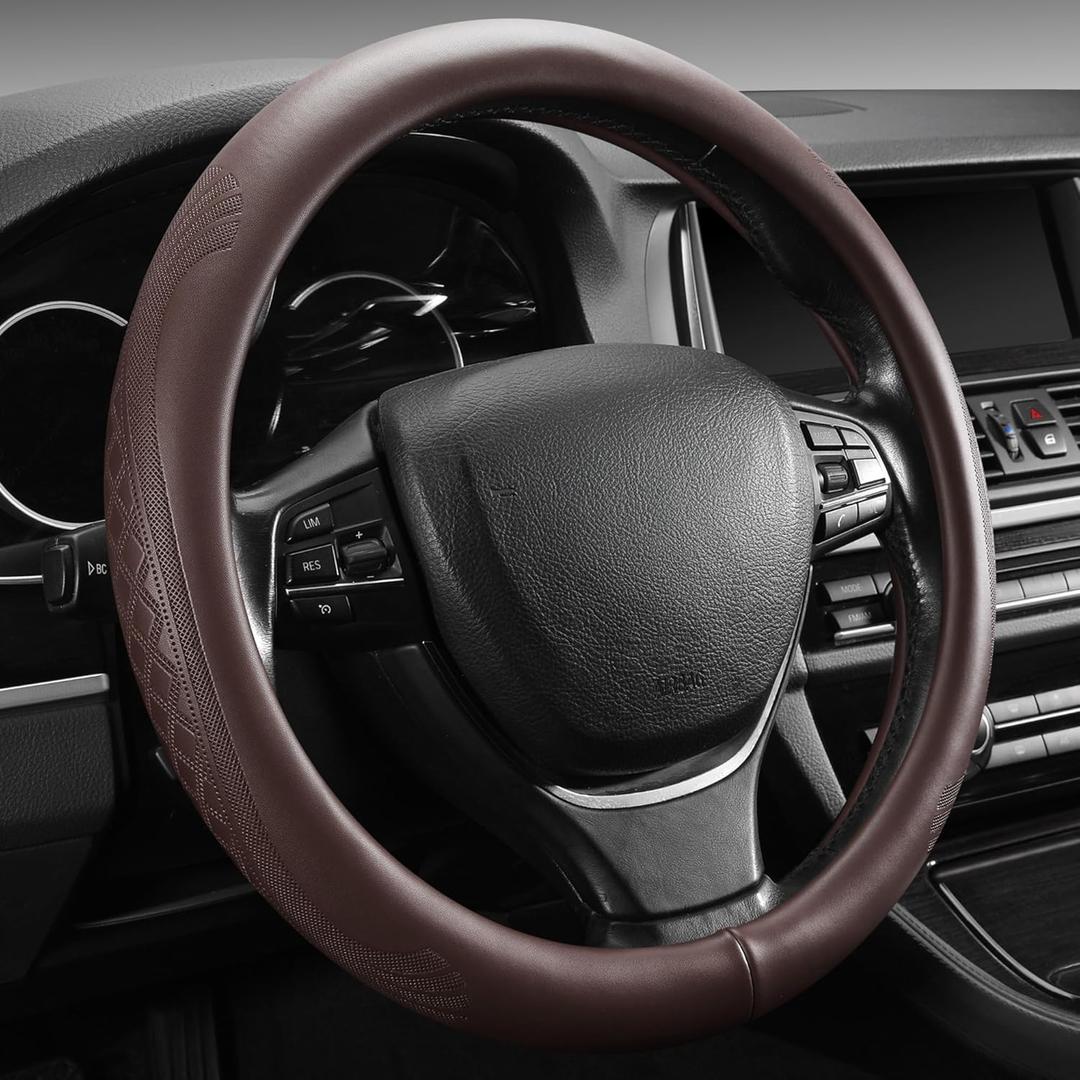 2025 Model High-Grade Real Cowhide Steering Wheel Cover for Men WomenBrown Genuine Leather Steering Wheel Cover for Cars,Universal 14.5-15 inch Steering Wheels,Grid & Square Motif