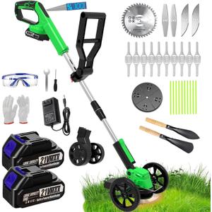 Electric Weed Wacker Eater Cordless, Weed Wacker Battery Powered, Weed Trimmer with 2X 2.0Ah Battery Operated & 25 Blades & Wheels, 3 in 1 No-String Grass Trimmer/Brush Cutter/Edger for Garden Yard
