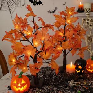Fall Lighted Maple Tree Decorations 2Pack, 2ft Tall Tree with 48Leds - Battery Or USB Powered Indoor Outdoor DIY Autumn Artificial Trees Fall Decorfor Home Wedding Party Gifts Thanksgiving