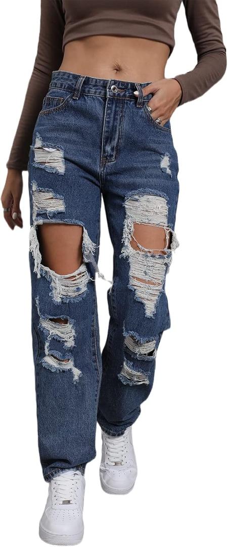 Ripped Jeans Womens Distressed high Waisted Jeans for Women Trendy Wide Straight Leg Y2k Pants Womens Jeans (Black, M)