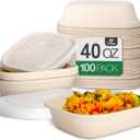 100 Pack 40 Oz Large Paper Bowls with Lids, Heavy Duty Compostable Paper Bowls for Party, Disposable Bowls Bulk Leakproof and Microwave Safe for Hot/Cold Use