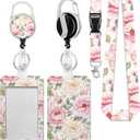 Vintage Beautiful Floral Badge Holder with Detachable Lanyard, ID Card Holder Vertical ID Protector Clips, Fashionable Name Tags Clips with Heavy Duty Badge Reel for Nurse Doctor Office Employees