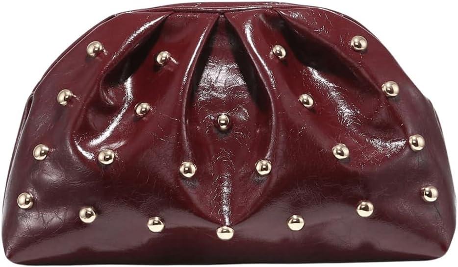 QWINEE Women's Elegant Studded Clutch Bag Magnet Ruched Bags Retro Vintage Evening Handbag (Burgundy)