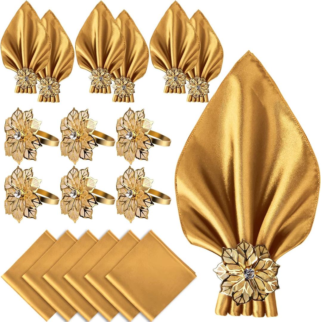 CROWN GUIDE 12 Pack Gold Napkin Rings and Cloth Napkins Set of 6, 17x17 Satin Cocktail Napkins Bulk Table Napkins Holder for Wedding Reception Personalized Napkins Bridal Shower for Party Decorative