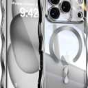 UEEBAI for iPhone 17 Pro Case, Cute Wave Frame Magnetic Phone Case Compatible with Magsafe Full Camera Protection Cover Soft Electroplated Phone Cover for Women Girls - Silver