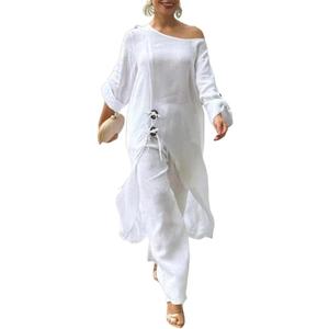 CHICME Women 2 Piece Outfits Cold Shoulder Long Sleeve Top Wide Leg Pants Linen Matching White Lounge Set Casual Vacation Outfits-XL