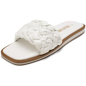 DREAM PAIRS Women's Square Open Toe Slide Sandals Cute Slip on Braided Slides Flat Sandals for Summer (12, White/Weave)