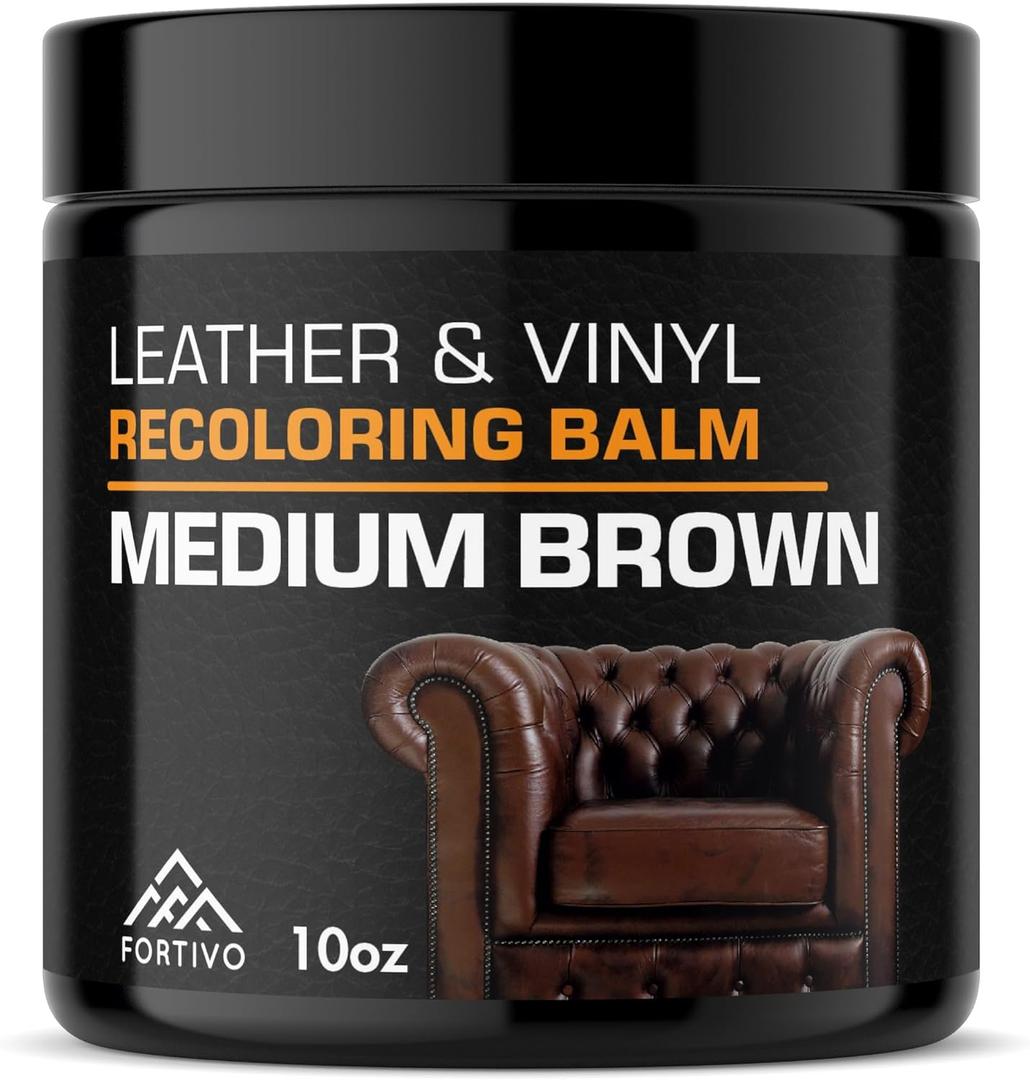 FORTIVO Leather Recoloring Balm, Color Restorer for Couches and Car Seats, Leather Scratch Remover and Dye, 10 oz (Medium Brown)