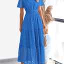 PRETTYGARDEN Womens 2026 Summer Maxi Dress Short Sleeve V Neck Hollow Out Eyelet A Line Long Flowy Beach Vacation Dresses (Blue, L)