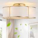20" Boho Ceiling Fan with Light, Rattan Flush Mount Ceiling Fan with Light Remote Control, Caged Enclosed with 6 Speeds for Bedroom, Living Room, Foyer, Nursery (Gold)