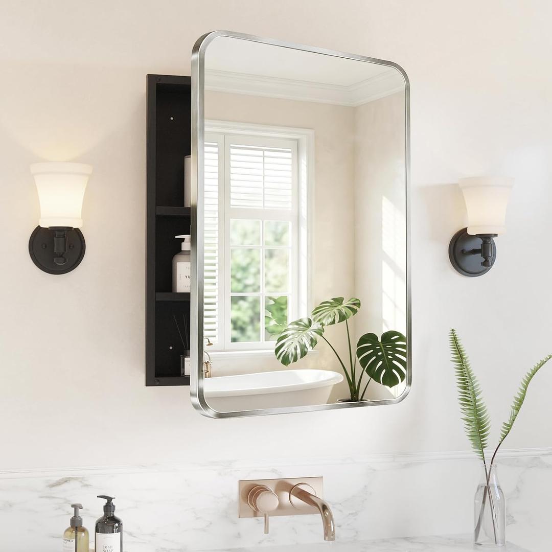Medicine Cabinet Mirror 20x28 Inch, Brushed Nickel Bathroom Mirror Cabinet with Stepless Adjustable Shelves, Stainless Steel Frame, Bathroom Mirror with Storage Recessed or Wall Mount
