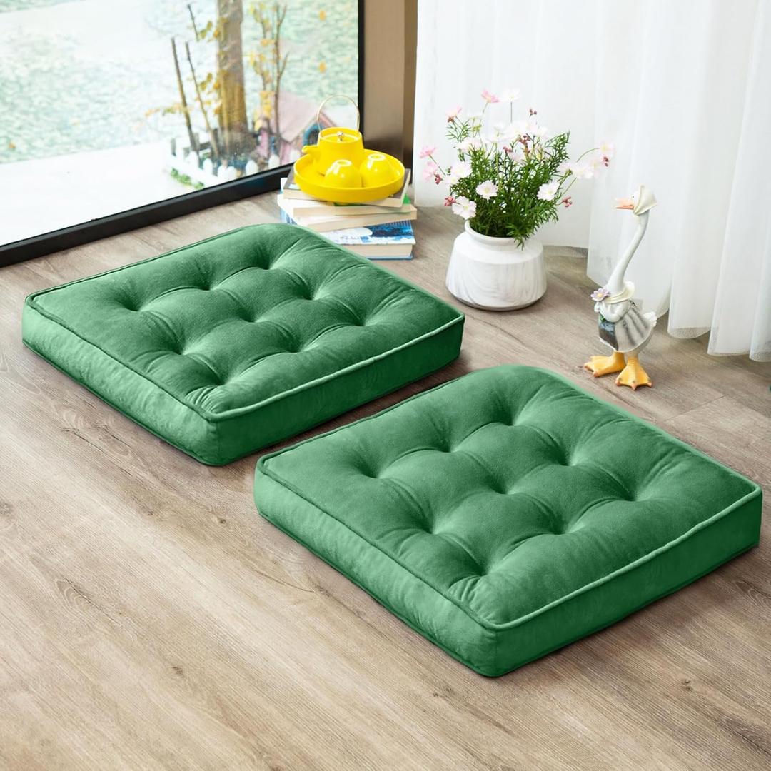 Floor Pillow Set of 2, Memory Foam Meditation Cushion, Floor Cushions for Adults Sitting, Large Square Seat Cushions for Yoga, Living Room, 20x20 Inch (Green)